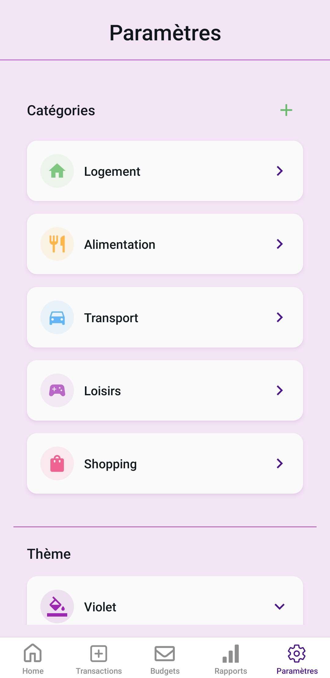 Paramètres - Vue des paramètres
